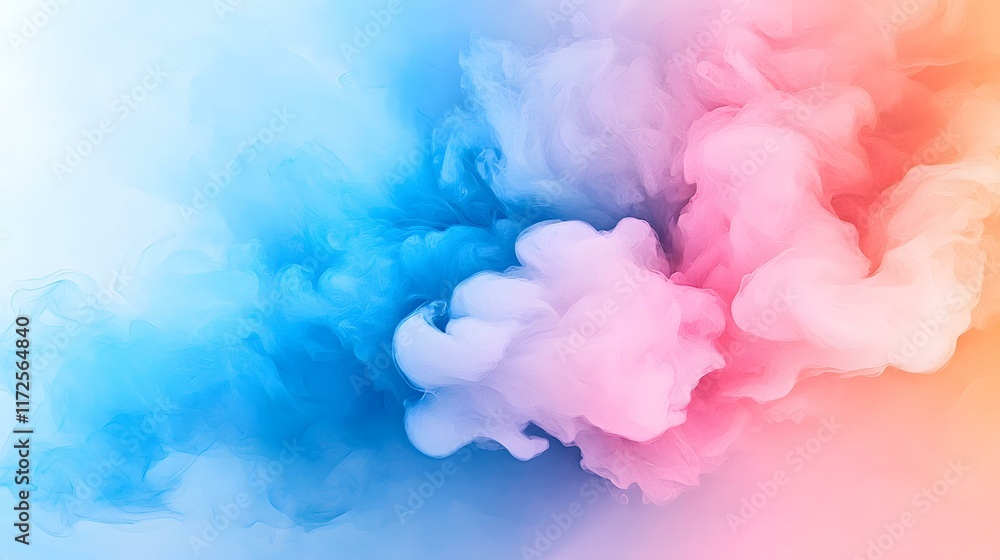 The image contains an abstract painting of swirling blue and pink clouds of color that blend together.