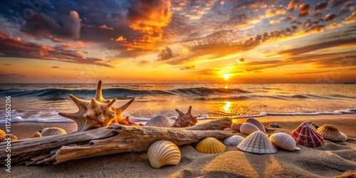 Sunset over ocean with seashells and driftwood, valentines day, romantic,  valentines day, romantic, seagulls
