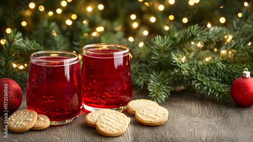 Two glasses of hot, spicy wine with mulled spices and cookies at a nighttime Christmas market in December photo