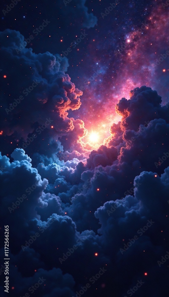 Dark and mysterious nebula with a single bright star shining through it, stellar radiation, stardust Dark and mysterious nebula with a single bright star shining through it, stellar radiation, stardust