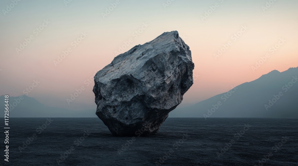 Large grey rock in desert landscape at sunset.