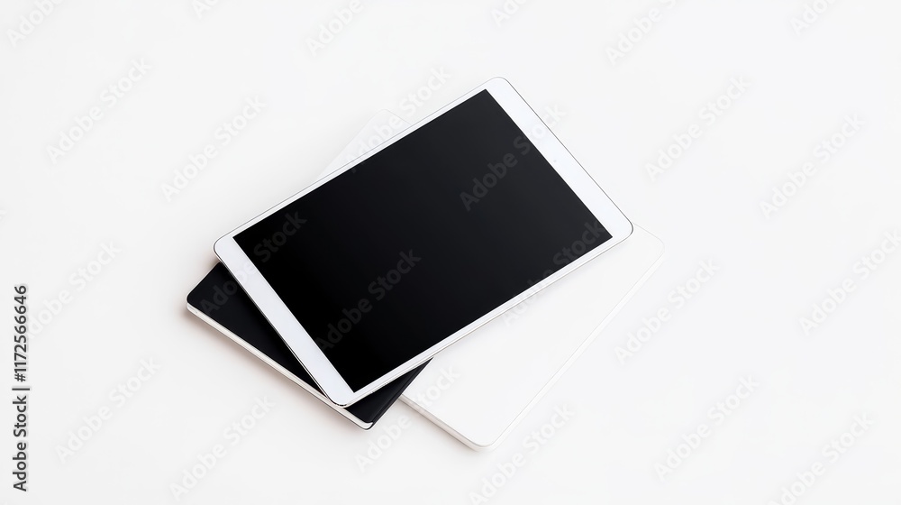 Elegant Arrangement of Two Modern Tablets on a Minimalist Background, Showcasing a Sleek Black and White Design Ideal for Technology and Digital Themes Elegant Arrangement of Two Modern Tablets on a Minimalist Background, Showcasing a Sleek Black and White Design Ideal for Technology and Digital Themes