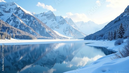 Fototapeta Naklejka Na Ścianę i Meble -  Frosty landscape with snow-capped mountains and icy lake, winter landscape , icy lake