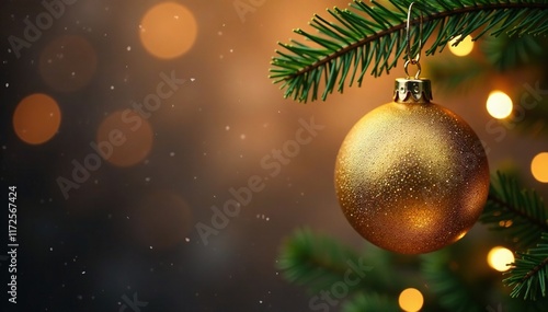 Glittering golden Christmas bauble hanging from string, holiday decor, festive