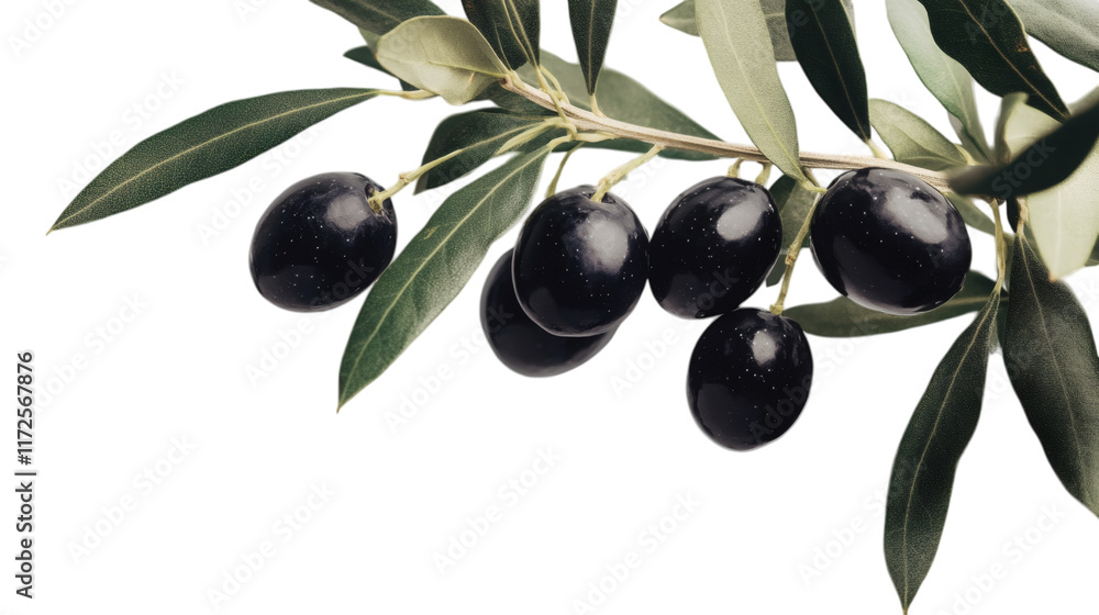 Fresh black olives on a branch with leaves isolated on white transparent background Fresh black olives on a branch with leaves isolated on white transparent background
