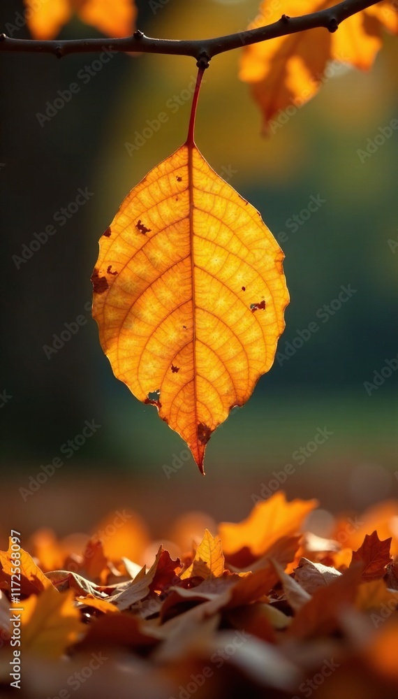 Leaf suspended from twig above pile of falling leaves, leaf, autumn leaves, golden Leaf suspended from twig above pile of falling leaves, leaf, autumn leaves, golden