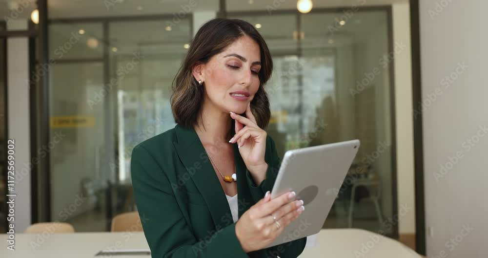 Businesswoman using tablet stand in modern workplace, engaged in work-related activities, review documents, learning important information, planning, strategizing, or managing online project in office Businesswoman using tablet stand in modern workplace, engaged in work-related activities, review documents, learning important information, planning, strategizing, or managing online project in office