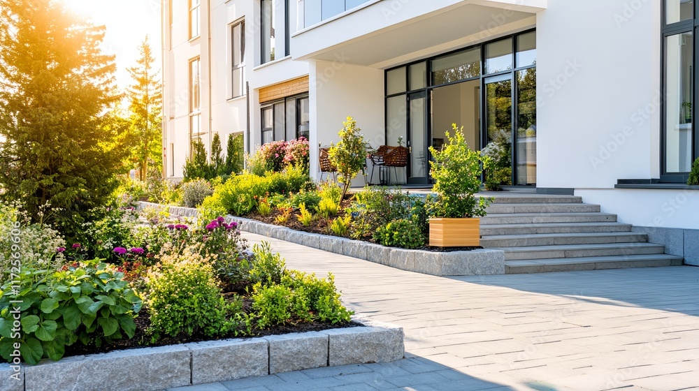 Serene Modern Senior Care Facility with Lush Garden and Inviting Entrance. Aesthetic and Welcoming Environment for Elderly Care and Wellness. Serene Modern Senior Care Facility with Lush Garden and Inviting Entrance. Aesthetic and Welcoming Environment for Elderly Care and Wellness.