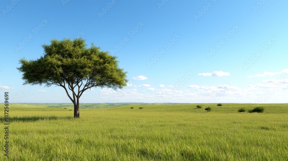 A solitary tree stands in a vast green landscape under a clear sky. A solitary tree stands in a vast green landscape under a clear sky.