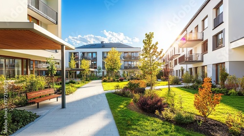  Serene Modern Senior Care Facility with Lush Garden and Inviting Entrance. Aesthetic and Welcoming Environment for Elderly Care and Wellness.