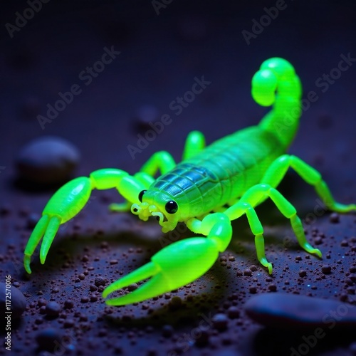 Scorpion Buthus occitanus glowing bright green under UV light in a desert habitat, fluorescent, arid, environment photo