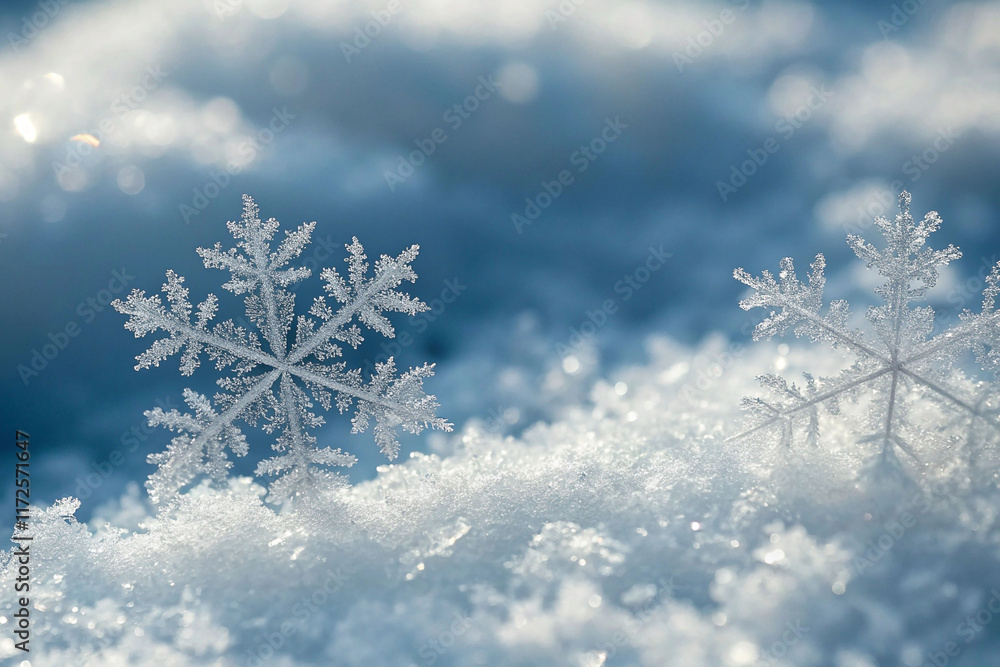 Two perfect snowflakes on snowy ground, sunlit. Two perfect snowflakes on snowy ground, sunlit.
