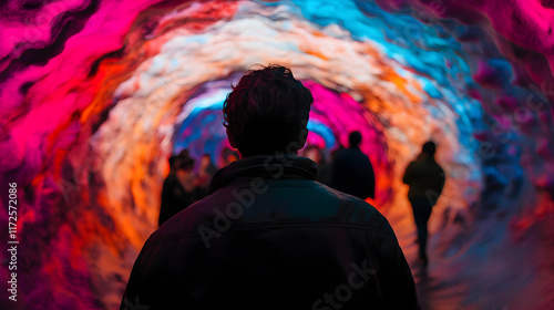 Visitor standing inside mesmerizing art installation, colorful swirling tunnel surrounding white male, blurred figures moving through illuminated passageway