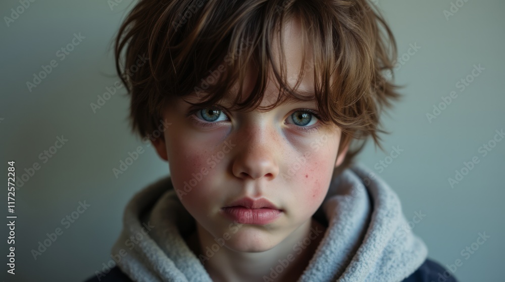 Child's face with sad eyes in close-up. Child's face with sad eyes in close-up.