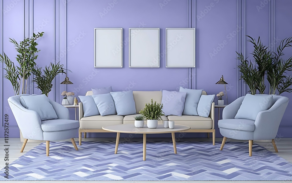 Fototapeta premium Lavender living room interior design; beige sofa, armchairs, coffee table; plants.