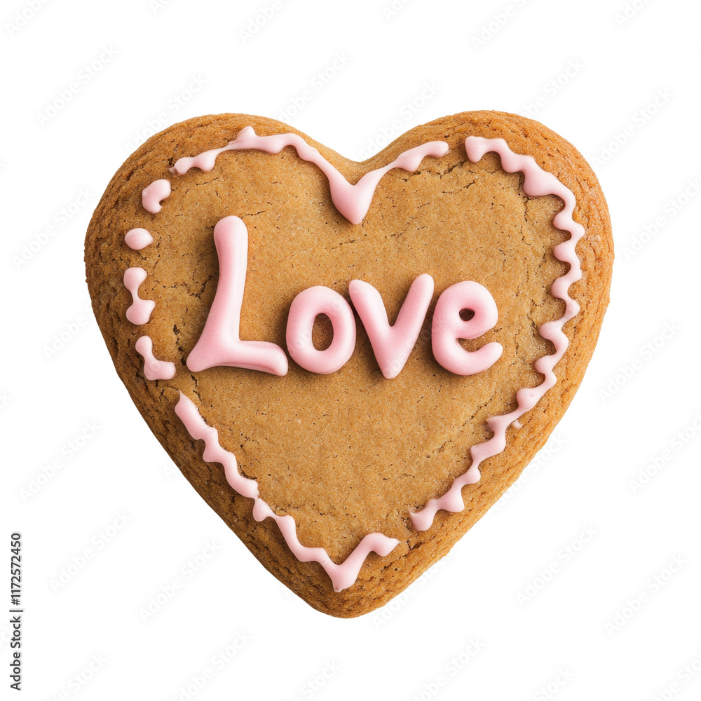 Heart-Shaped Gingerbread Cookie with Pink Icing and Love Decoration Heart-Shaped Gingerbread Cookie with Pink Icing and Love Decoration