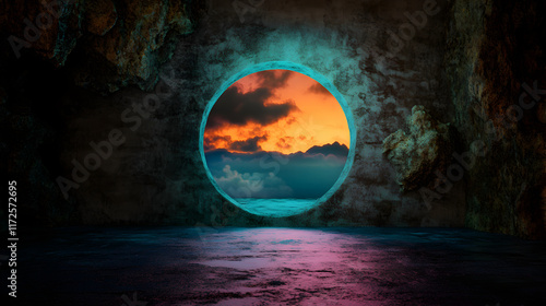 Sunset rays piercing stone cave window, casting neon hued glow across mountain silhouettes and dramatic clouded sky with ethereal luminescence photo