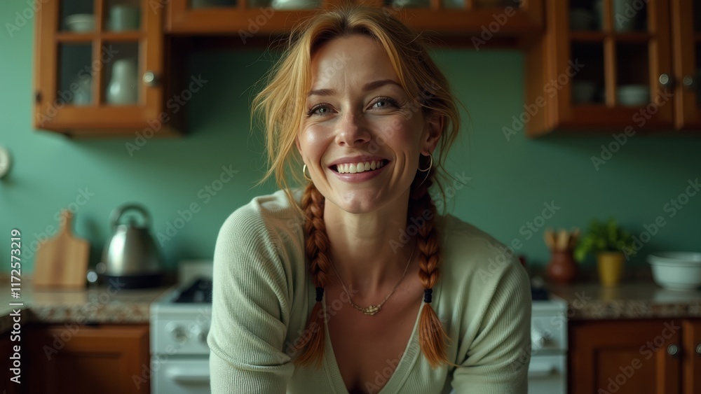Happy Woman With Braids Smiles in Cozy Kitchen During Sunny Morning, Enjoying a Moment of Joy and Warmth Happy Woman With Braids Smiles in Cozy Kitchen During Sunny Morning, Enjoying a Moment of Joy and Warmth