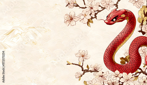 Cute cartoon dragon, a reptile vector illustration, on a tree branch, a funny serpent-like animal design, Chinese New Year photo