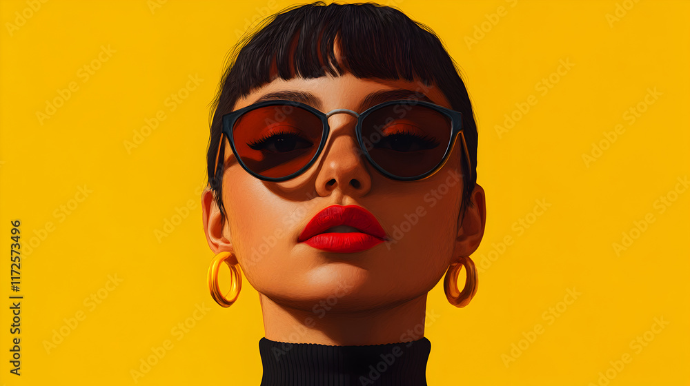 Latina model wearing dark sunglasses and golden hoop earrings, sporting vivid red lipstick with bright yellow background, embodying modern urban style Latina model wearing dark sunglasses and golden hoop earrings, sporting vivid red lipstick with bright yellow background, embodying modern urban style