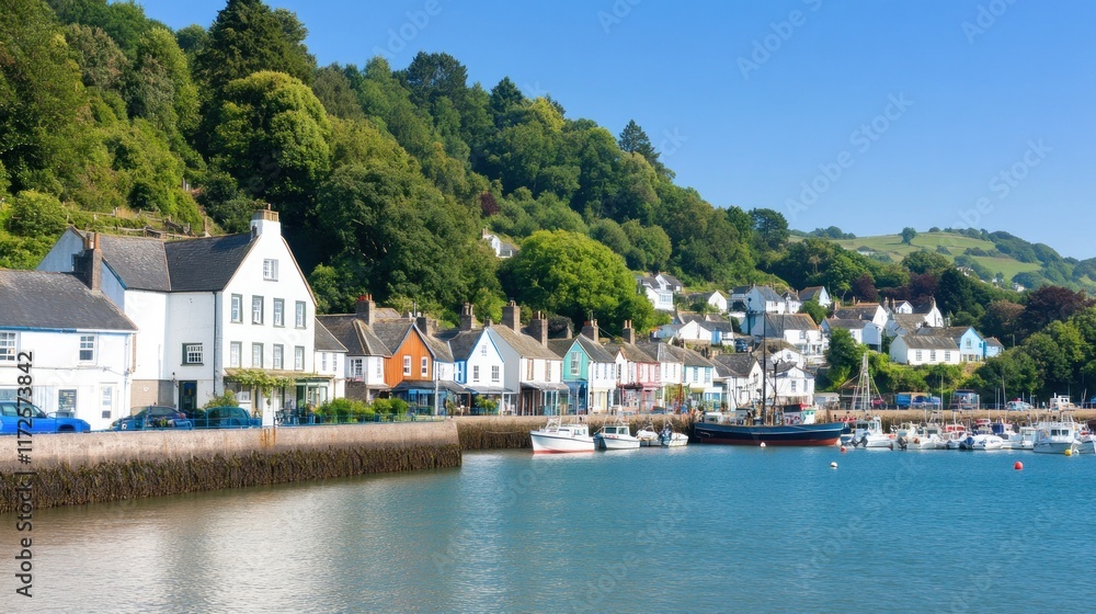 Obraz premium Scenic harbor view with colorful houses and boats.