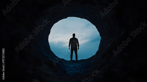 Wallpaper Mural Dark cave entrance framing a male silhouette gazing upward, embodying adventure and personal transformation against a bright blue sky Torontodigital.ca