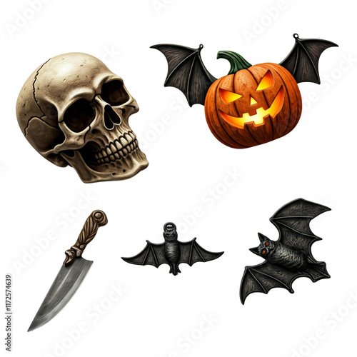 Halloween decorations, spooky decor, Halloween props, carved pumpkins, glowing jack-o’-lanterns, spiderwebs, witch hats, skeletons, tombstones, black bats, eerie lights on white backgroun