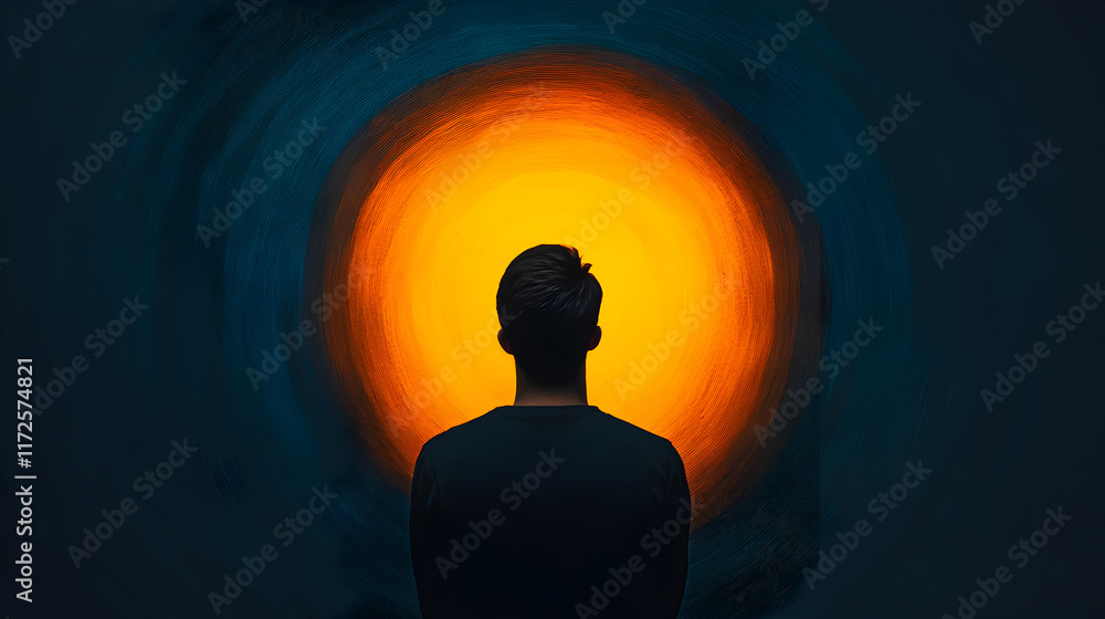 Caucasian man standing in front of a big orange circle painted on a dark blue wall, creating a hypnotic and mysterious atmosphere with a surreal and artistic concept Caucasian man standing in front of a big orange circle painted on a dark blue wall, creating a hypnotic and mysterious atmosphere with a surreal and artistic concept