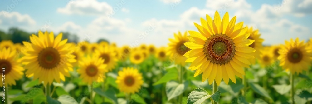 Yellow sunflowers towering above the ground in a field, open, flower Yellow sunflowers towering above the ground in a field, open, flower