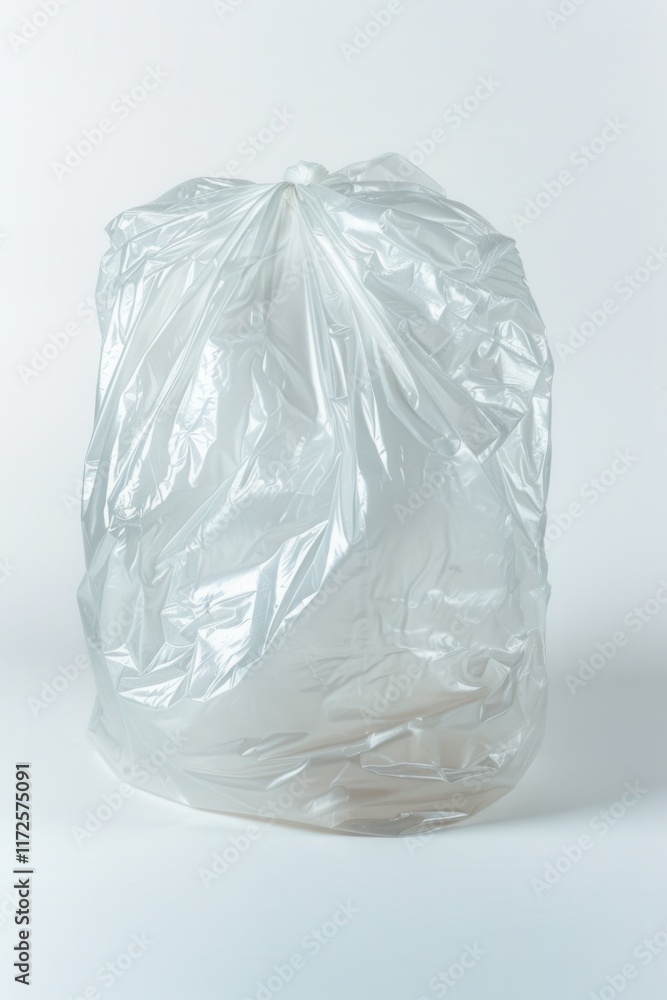 Obraz premium A crumpled, translucent plastic trash bag sits on a white background; its texture and light reflections are clearly visible, highlighting its form and the subtle shadows it casts.