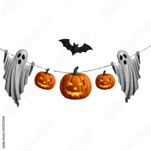 Halloween decorations, spooky decor, Halloween props, carved pumpkins, glowing jack-o’-lanterns, spiderwebs, witch hats, skeletons, tombstones, black bats, eerie lights on white backgroun