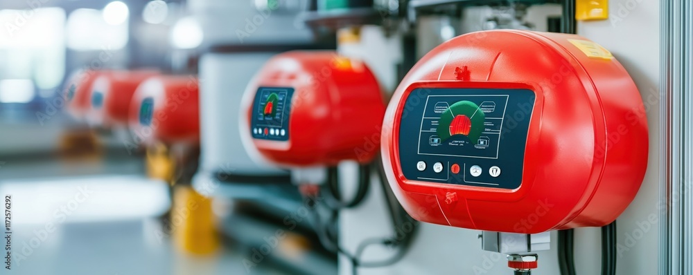 Fototapeta premium Row of fire alarm control units showcasing advanced alert systems