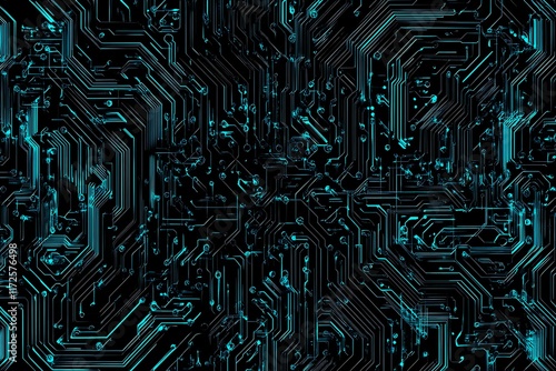 Abstract close-up of a glowing blue digital circuit board, showcasing intricate connections and technological design on a black background.
 photo