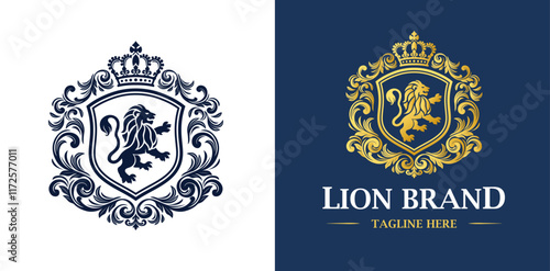 Luxury Lion crest heraldry logo. Elegant gold heraldic shield icon
