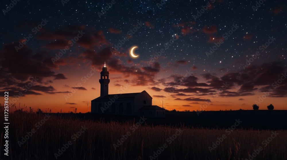Mystical image of a mosque silhouette under a clear starry night, crescent moon shining brightly, soft clouds illuminated by the evening glow Mystical image of a mosque silhouette under a clear starry night, crescent moon shining brightly, soft clouds illuminated by the evening glow