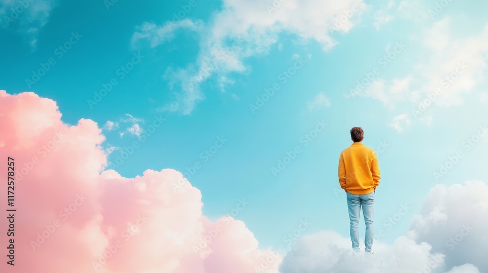 A person in a vibrant yellow sweater stands atop soft clouds, gazing at a bright blue sky filled with fluffy pink clouds, evoking feelings of wonder and exploration. A person in a vibrant yellow sweater stands atop soft clouds, gazing at a bright blue sky filled with fluffy pink clouds, evoking feelings of wonder and exploration.