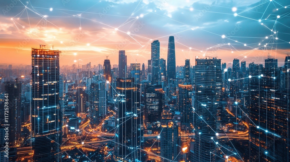 Fototapeta premium Bustling City Skyline with Reflections on Glass Buildings at Dusk