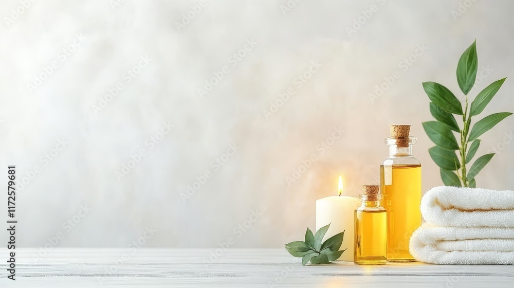 Tranquil Spa Arrangement with Essential Oils, Candles, Fresh Greenery, and Soft Towels on a Serene Neutral Background for Relaxation and Wellness Inspiration Tranquil Spa Arrangement with Essential Oils, Candles, Fresh Greenery, and Soft Towels on a Serene Neutral Background for Relaxation and Wellness Inspiration