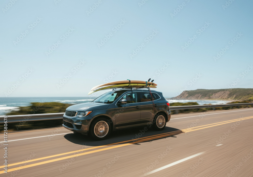 SUV with Surfboards Driving on Coastal Highway SUV with Surfboards Driving on Coastal Highway