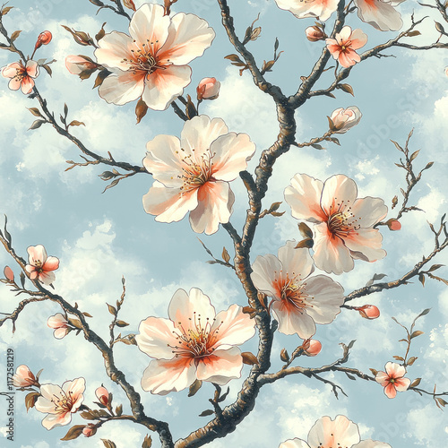 Cherry blossoms blooming on branches against a cloudy sky, spring floral design