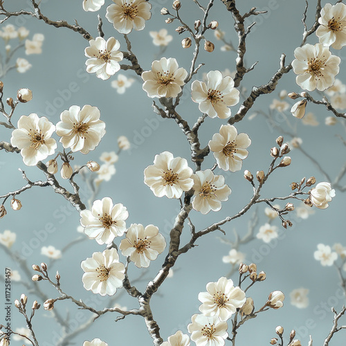 White cherry blossoms blooming on branches against a soft blue sky, spring floral background for wallpaper