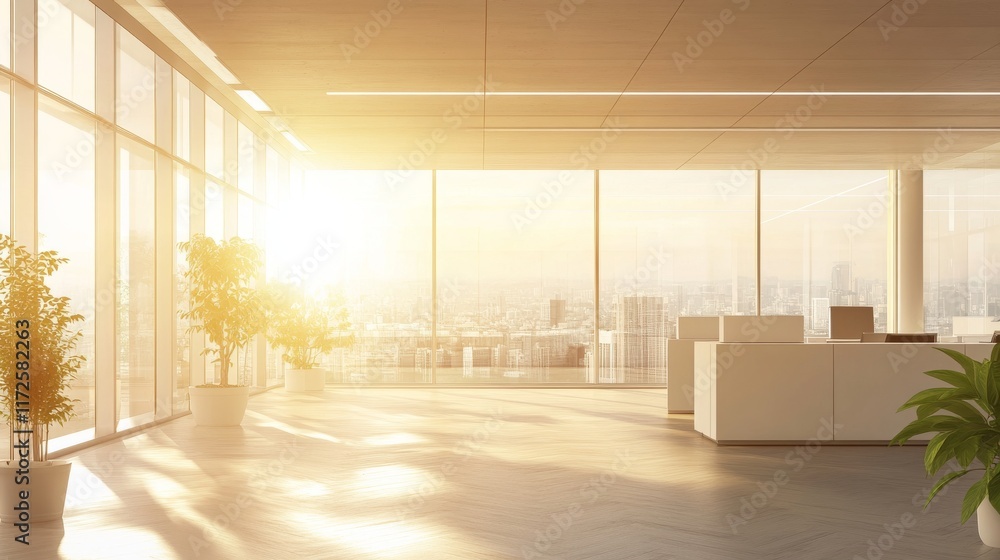 Fototapeta premium Bright and modern office interior with panoramic windows, blurred background and elegant lighting, ideal for business concept visuals