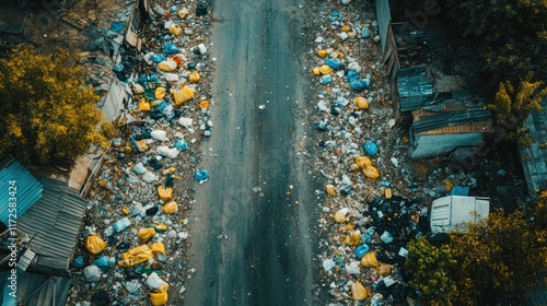 Aerial View of Road Covered in Trash: Environmental Pollution and Waste Management Crisis photo