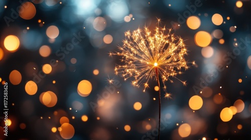 A glowing dandelion-like sparkler amidst a bokeh background.