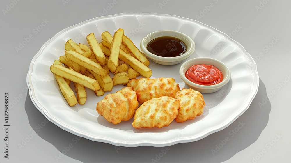 A plate of fried food featuring cheese bites, fries, and dipping sauces. A plate of fried food featuring cheese bites, fries, and dipping sauces.