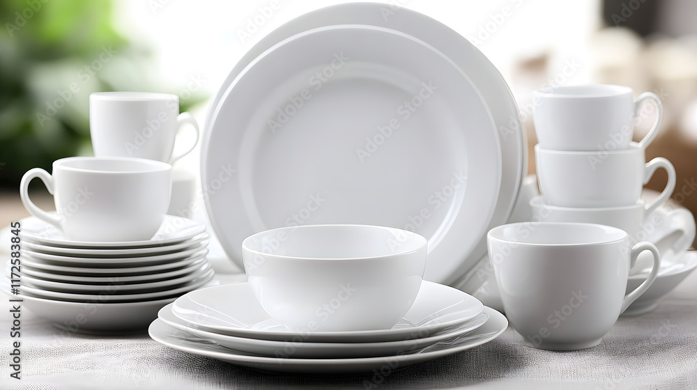 Minimalist white ceramic tableware set showcasing plates, cups, and bowls with timeless elegance Minimalist white ceramic tableware set showcasing plates, cups, and bowls with timeless elegance