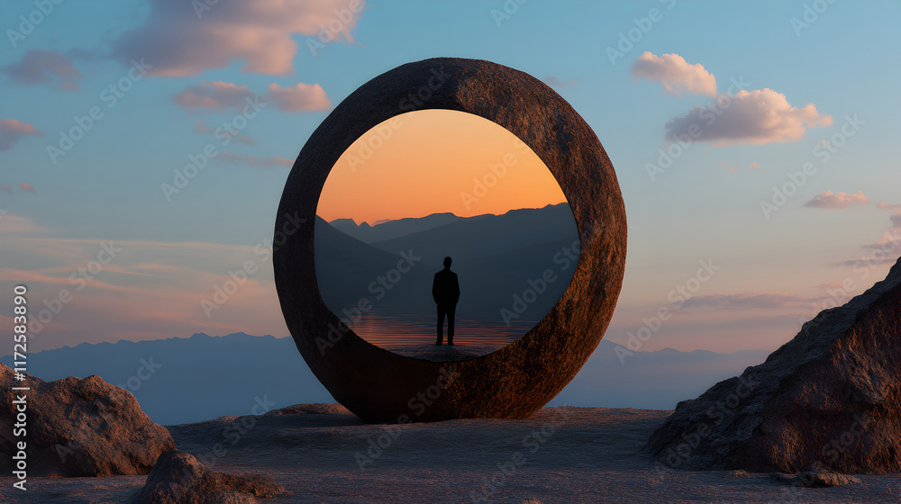 Fototapeta premium Businessman standing in front of a giant stone circle framing a beautiful sunset over a lake and mountains, creating a surreal and inspiring atmosphere
