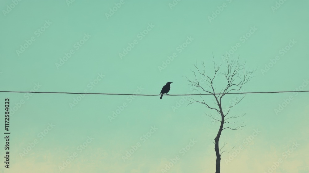 Silhouette of a bird perched on a wire, beside a bare tree against a muted teal sky. Silhouette of a bird perched on a wire, beside a bare tree against a muted teal sky.