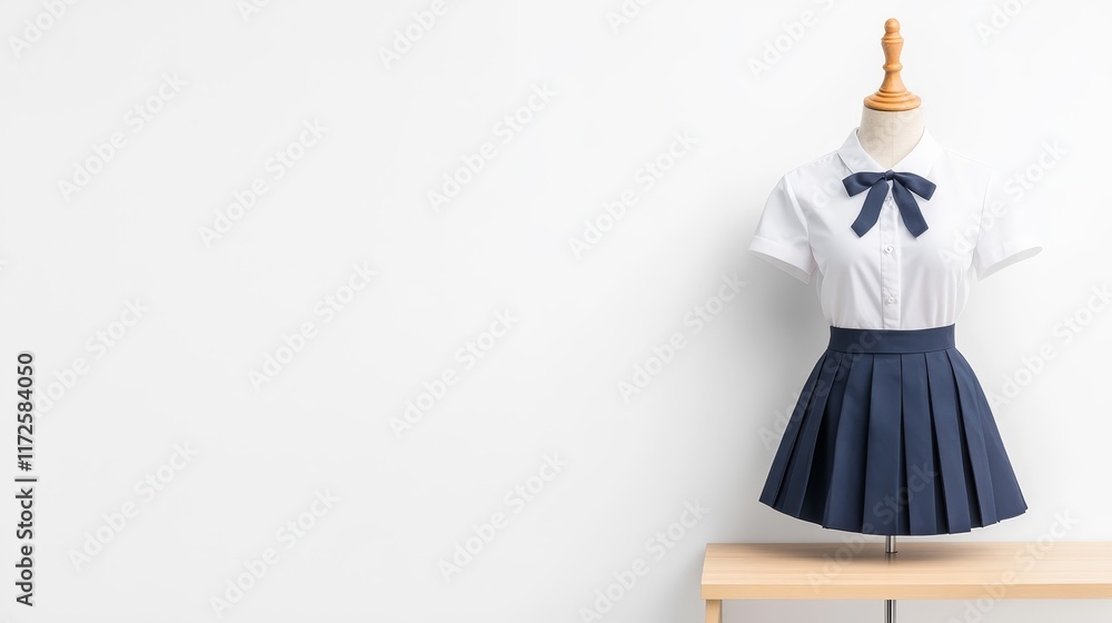 Stylish and Elegant School Uniform Displayed on a Mannequin with a Modern Design in a Minimalist Studio Setting Featuring a Crisp White Background Stylish and Elegant School Uniform Displayed on a Mannequin with a Modern Design in a Minimalist Studio Setting Featuring a Crisp White Background