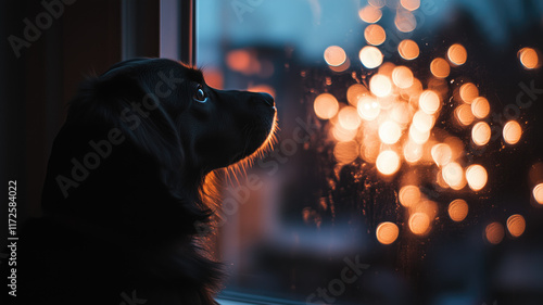 A thoughtful dog gazes out of a window at a vibrant display of fireworks lighting up the night sky. A serene moment of curiosity and wond photo